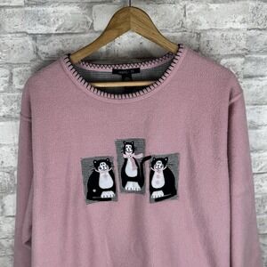 Vintage Pink Kitty Cat Embroidered Fleece Sweatshirt Applique Patchwork Size XL